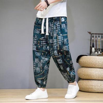 Men's National Style Retro Linen Harem Pants with Drawstring - Casual, Loose-Fit, Spring/Autumn Cropped.