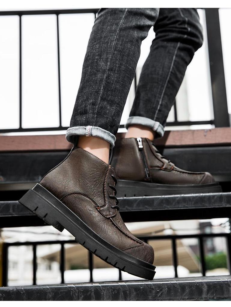Men's Cowhide Lace-up Martin Boots - Winter Thick Sole, Outdoor Casual, Height-increasing Mid-top Work Shoes