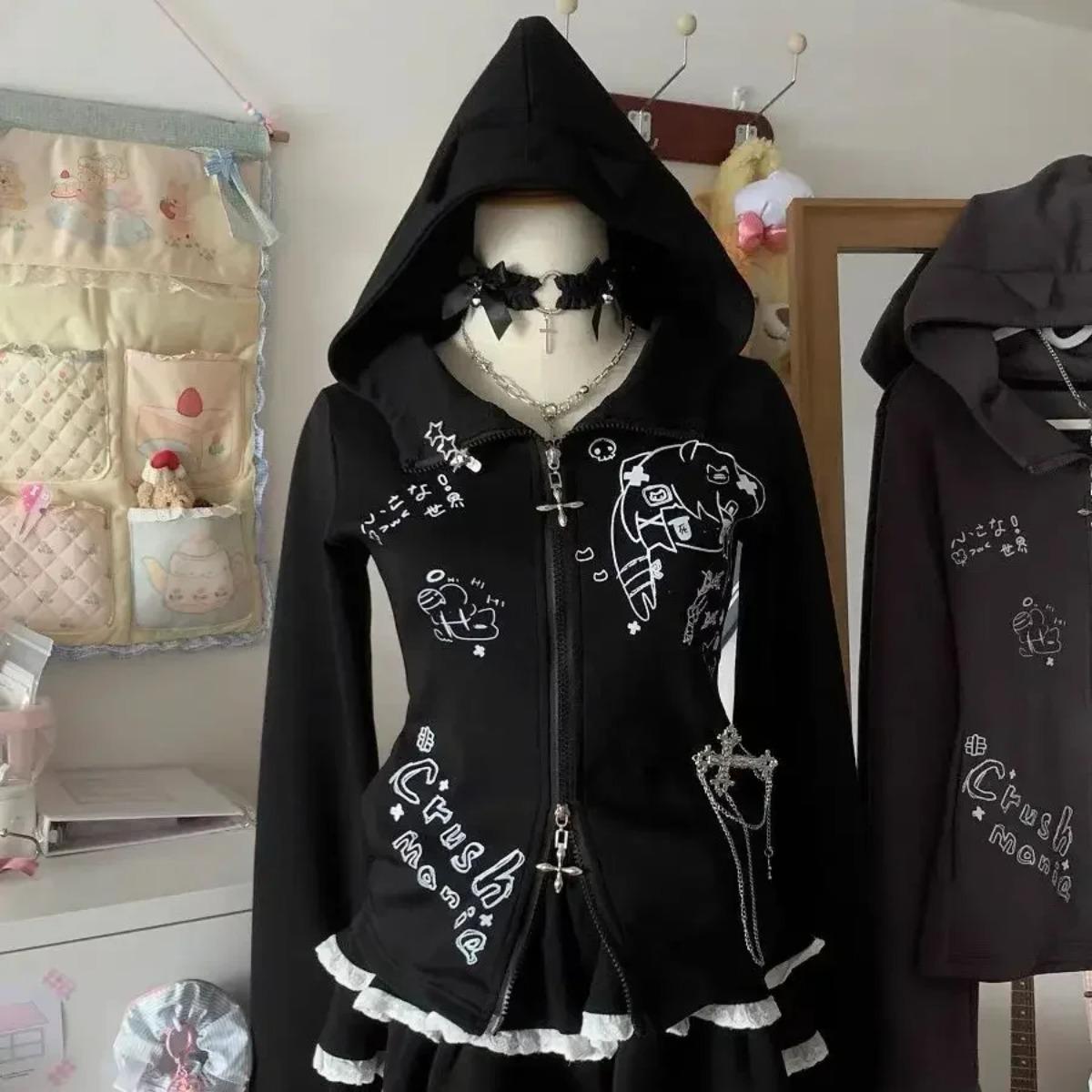 

2KWEIRD Японский Милый Кошачьи Ушки E-Girls Слим Субкультура Универсальный Аниме Толстовки с Капюшоном С Длинным Рукавом S чёрный