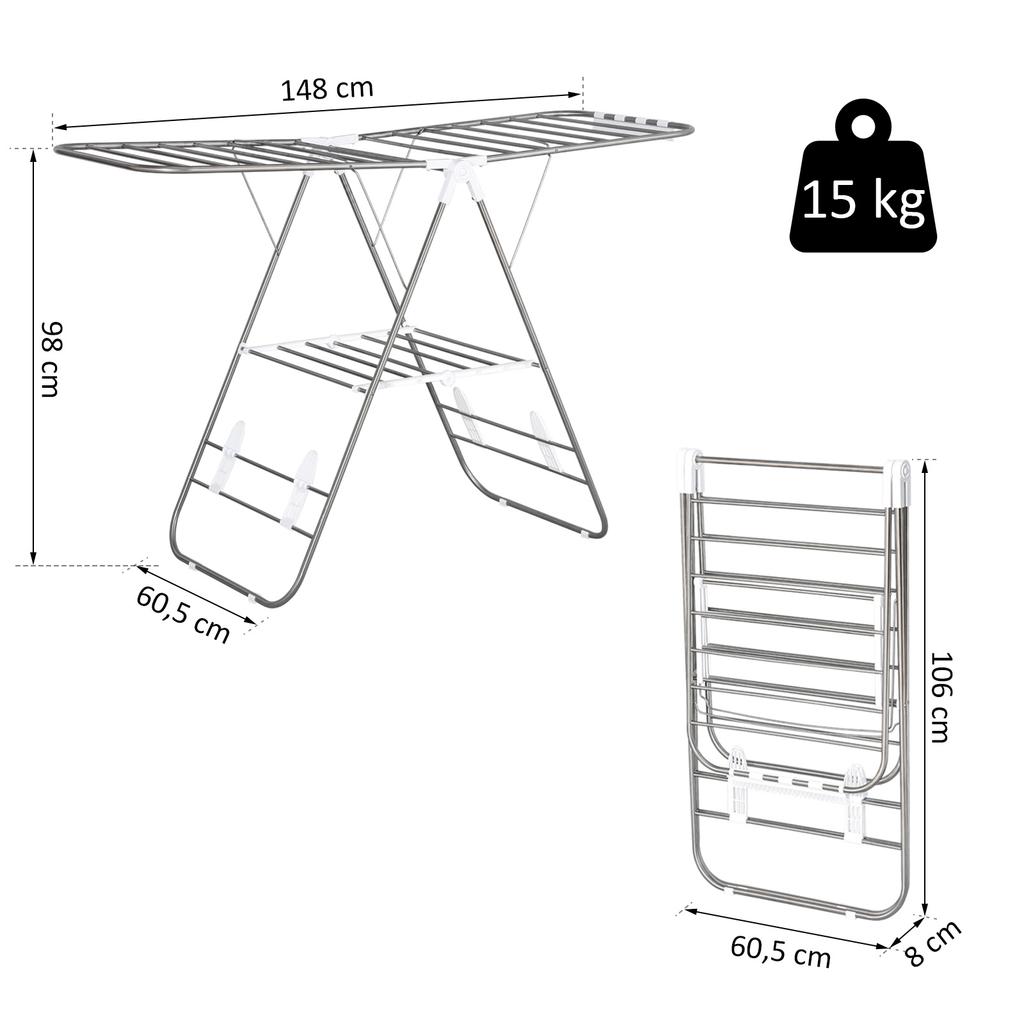 Clothes Airer 1.48 M Drying Length Portable Standing Dryer with Telescopic Rods, Wing Clothes Airer Clothes Dryer for Indoor and Outdoor, Silver+White