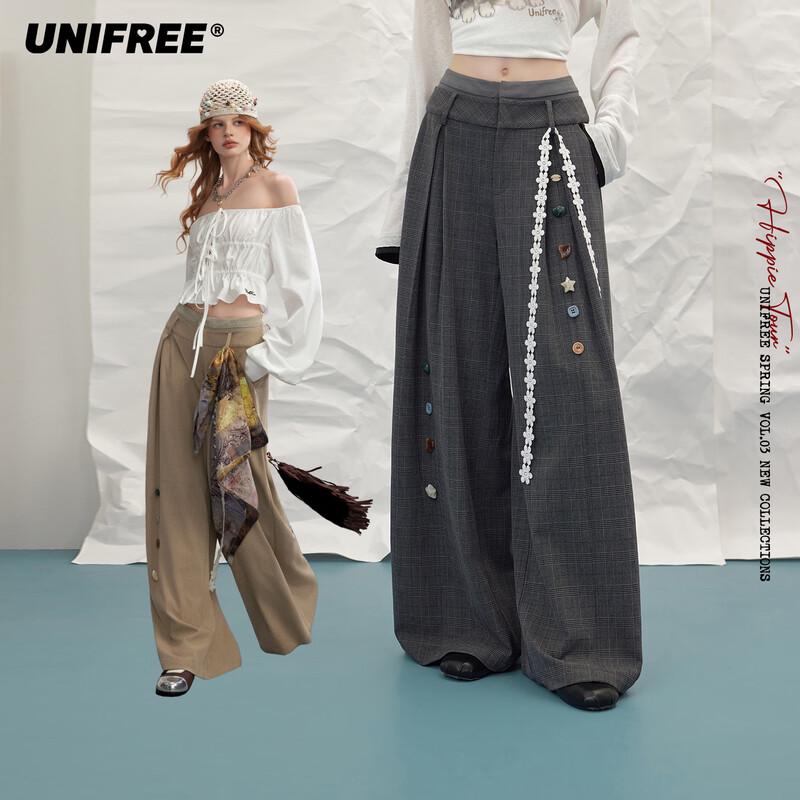 UNIFREE 2026 Spring Faux Two-Piece Plaid Casual Pants L