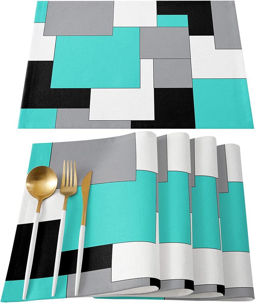 Room Decor  Dining Table Decor  Abstract Art Patchwork Purple Black Grey Kitchen Table Pad  Dining Table Mat Set 4pcs Placemats