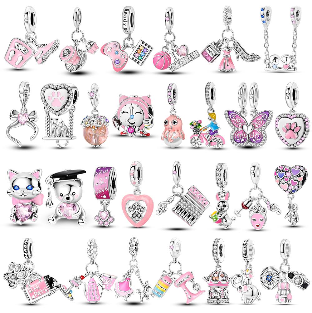 Fit Original Bracelet Plata Charms Copper Pink Colour Series Charms Cat Paw Beads For Women Girl Diy Party