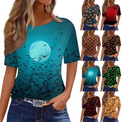 Modieuze Casual Dames Top met Korte Mouwen, Halloween Print, Ronde Hals, Pullover
