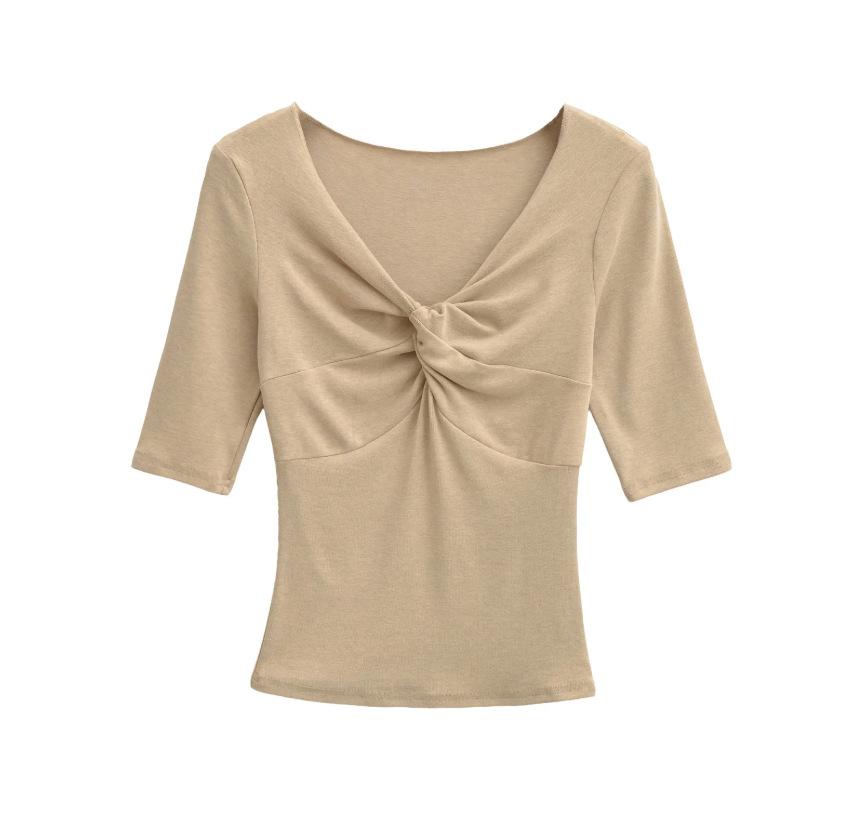 Kink V-neck Medium-sleeved T-shirt Women's Summer New American Spice Girl Style Solid Color Slim-fitting Slim Bottom Top
