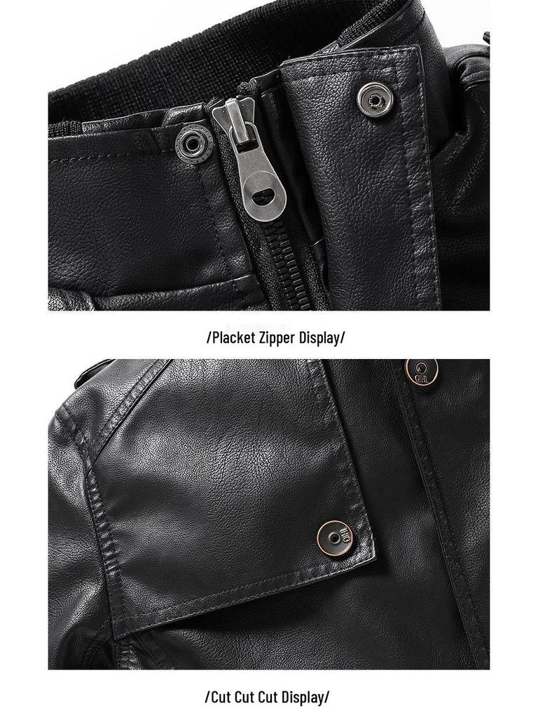 Męska Modna Skórzana Kurtka Wiatroszczelna Długiego Fasonu ze Stójką