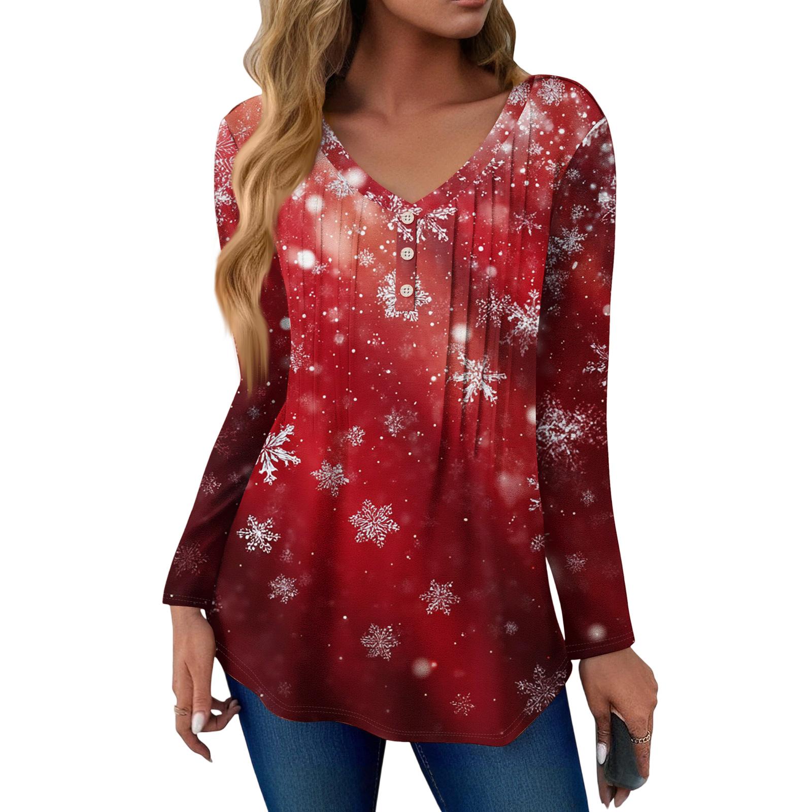 

Women s Fashion Casual Christmas Tree Print V-Neck Decorative Button Long Sleeve T-Shirt Top L