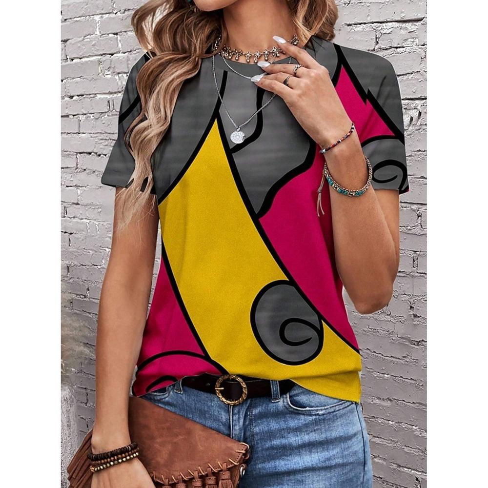 Fashion Summer Irregular 3D Printed T-shirt Women Street Casual Harajuku T-shirt Women Round Neck T-shirt Tops Clothing