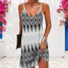 Women Plus Size Light Beige V Neck Double Straps Floral Printed Sleeveless Curved Hem Mini Dress