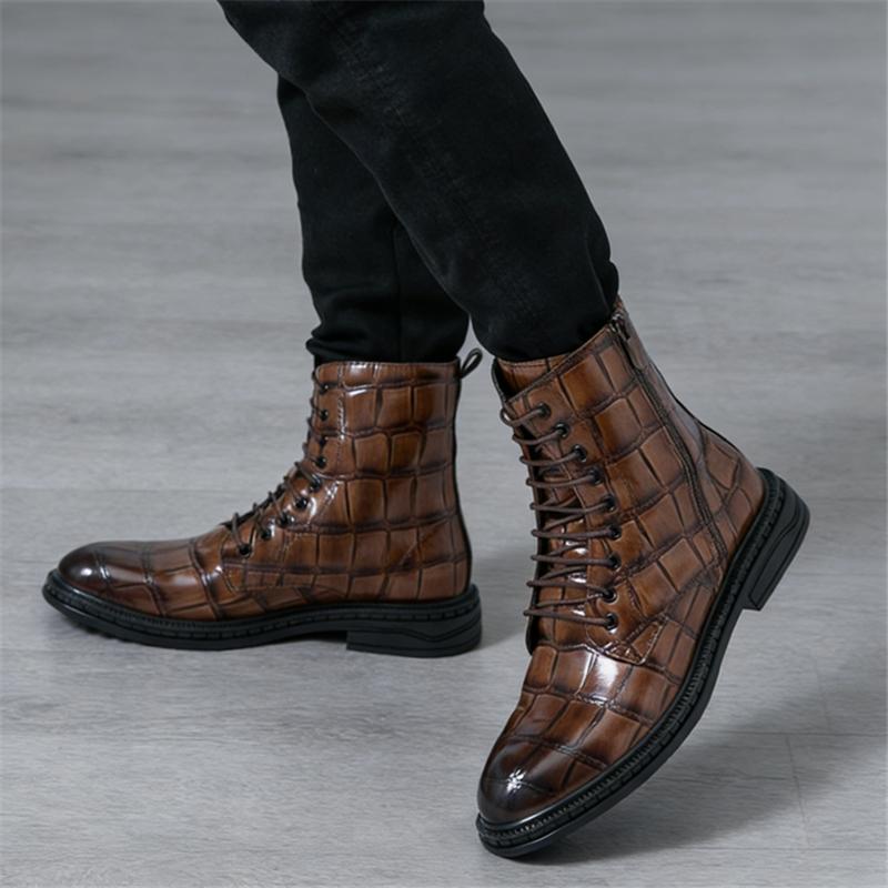 New Designer Crocodile Pattern Pointed Business Casual Ankle Boot For Men Winter High Tops New Motorcycle Chelsea Leather Shoes