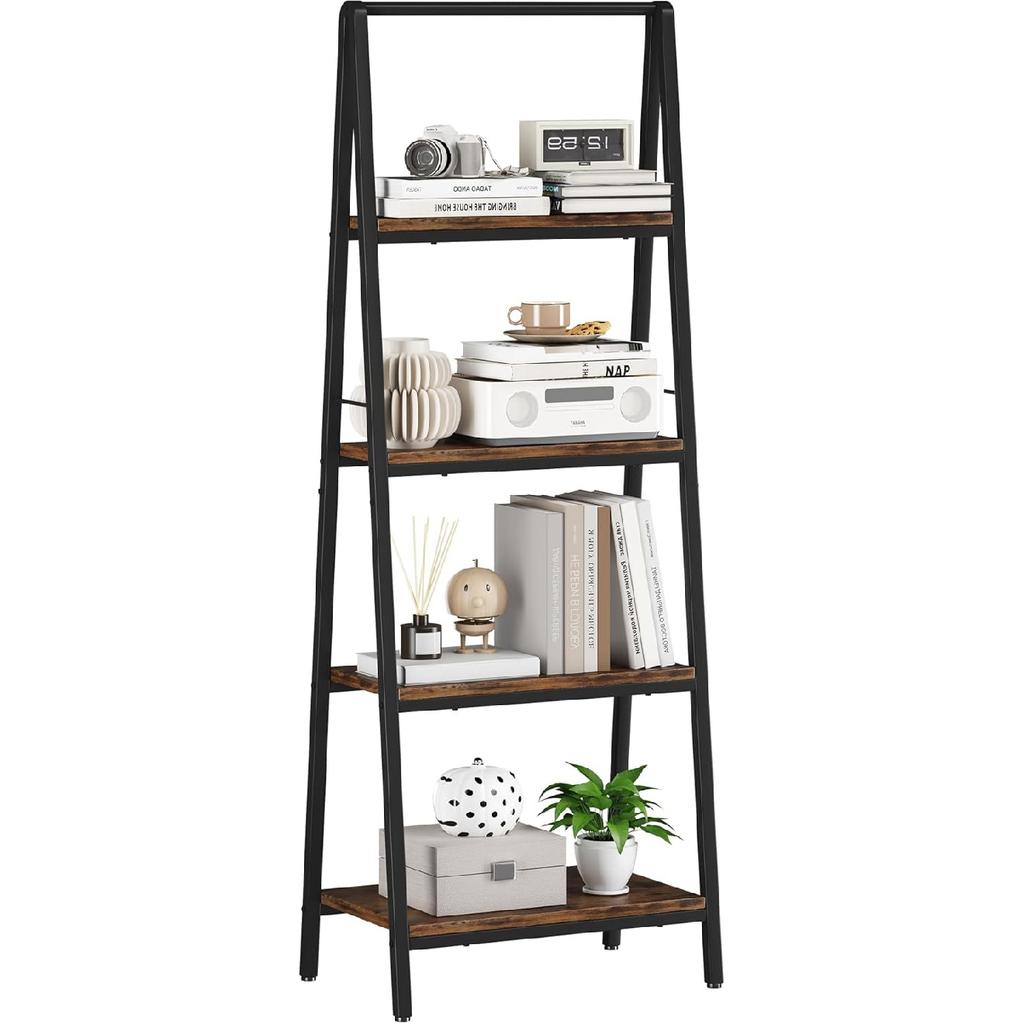 YIJIALEA Ladder Shelf, 4-Tier Leaning Ladder Bookshelf, Rustic and Wood Ladder Shelf Bookcase, Industrial Ladder Shelf Storage Rack for Home Office,