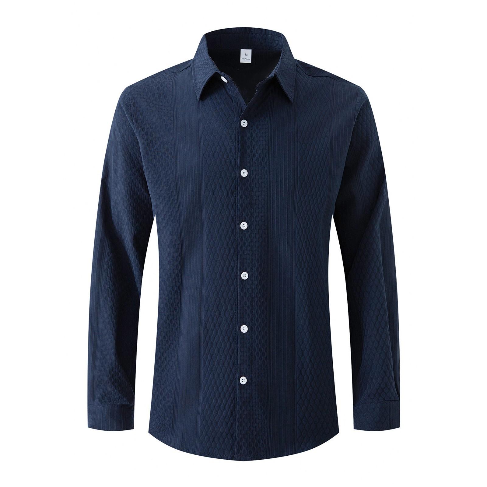 

Мужская рубашка с длинным рукавом и однотонными пуговицами, повседневная однобортная рубашка с длинным рукавом в полоску XXL тёмно-синий