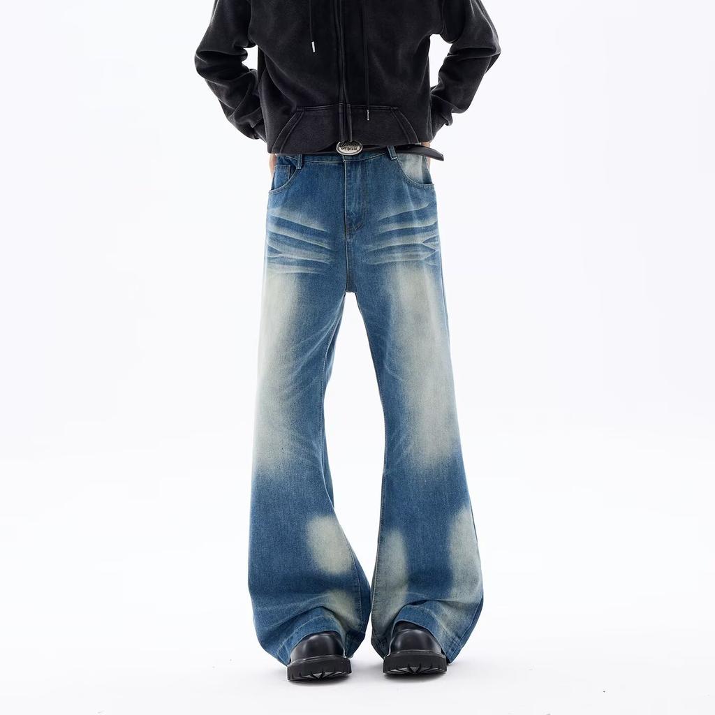 High Street Wide Leg Jeans Men's Washed Crease High Waist Loose and Skinny Versatile Straight Floor Pants Men's