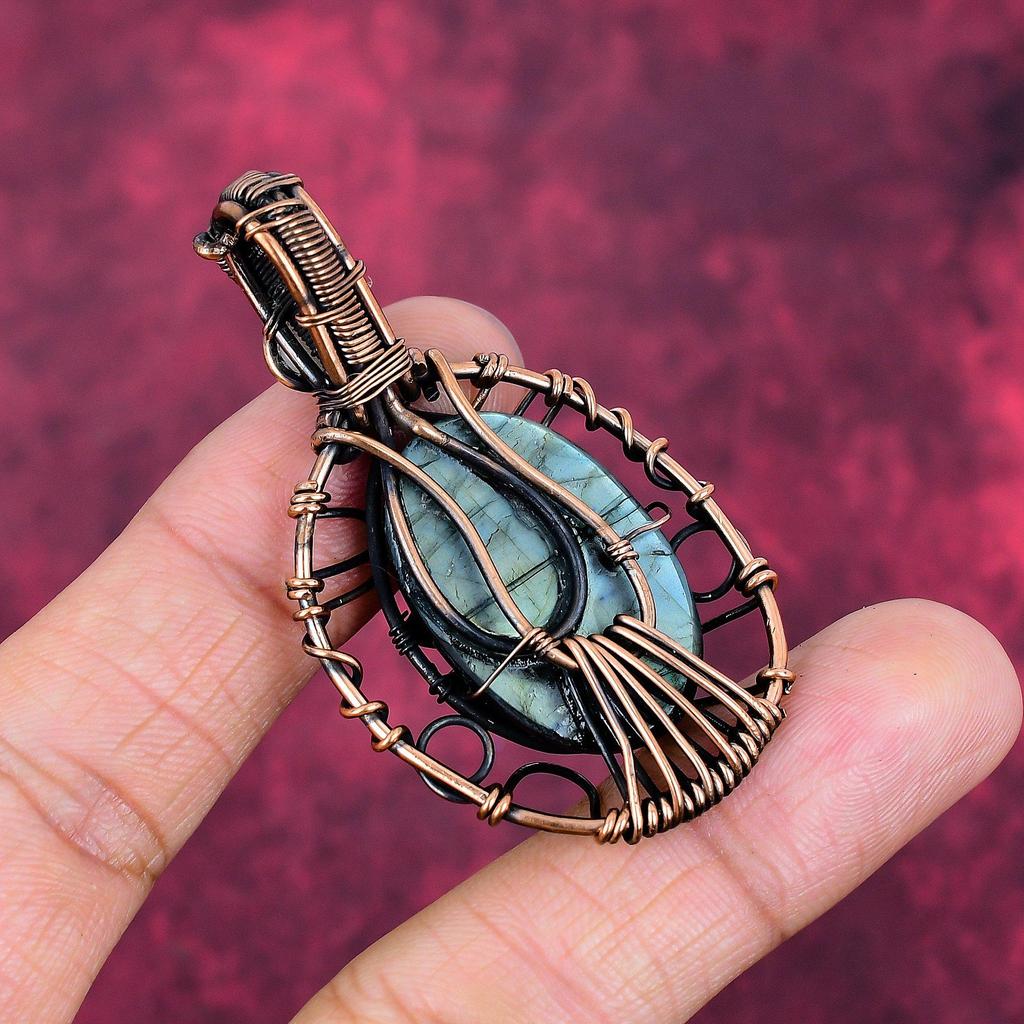 Evil Eye Labradorite Pendant Copper Wire Wrapped Rainbow Moonstone Jewelry