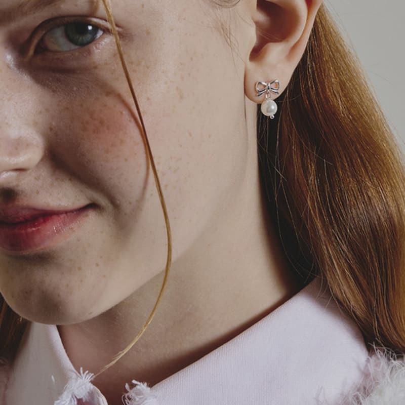 eenie beenie silver ribbon pearl drop earrings