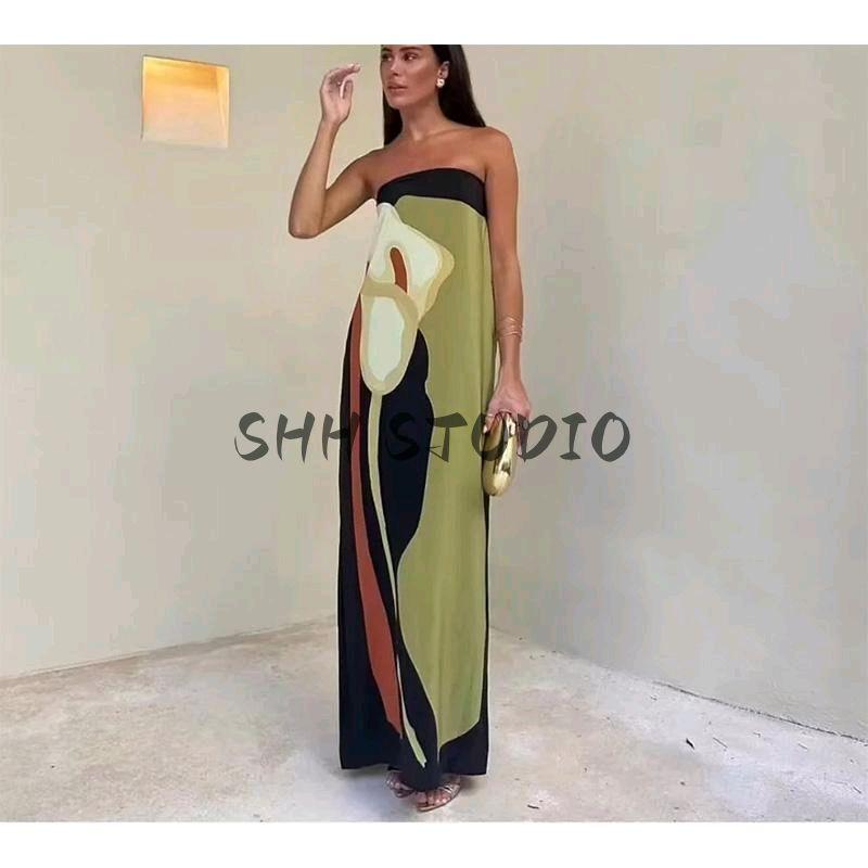Spring New Women clothes European and American Holiday Style Sexy Backless Slim fit Slimming Sheath Print Tube Top Dress