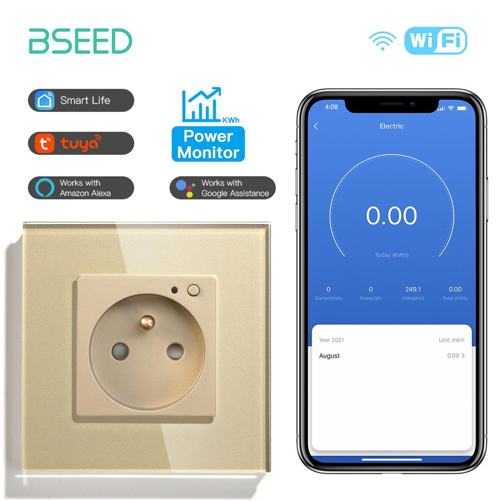 BSEED Single Wifi French Socket Double Power Monitor Wall Sockets Triple Smart Outlets Glass Frame Tuya Smart Life Control