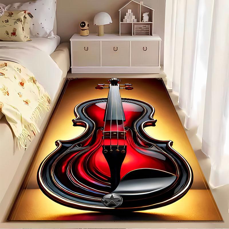 Elegant Red Violin Design Carpet suitable as a non-slip mat for the living room or bedroom sofa