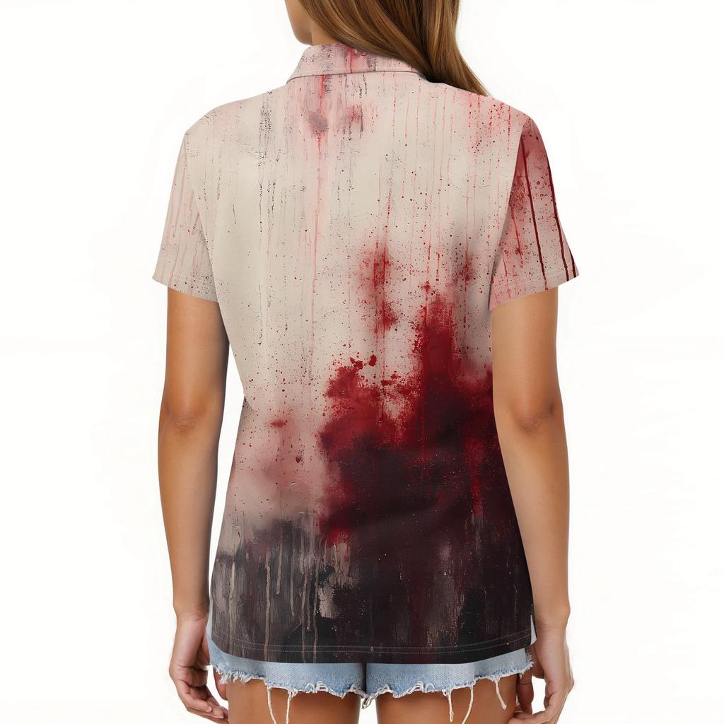 Dámská móda Ležérní klopa Krátký rukáv Halloweenský potisk Košile Dámské zapínací topy