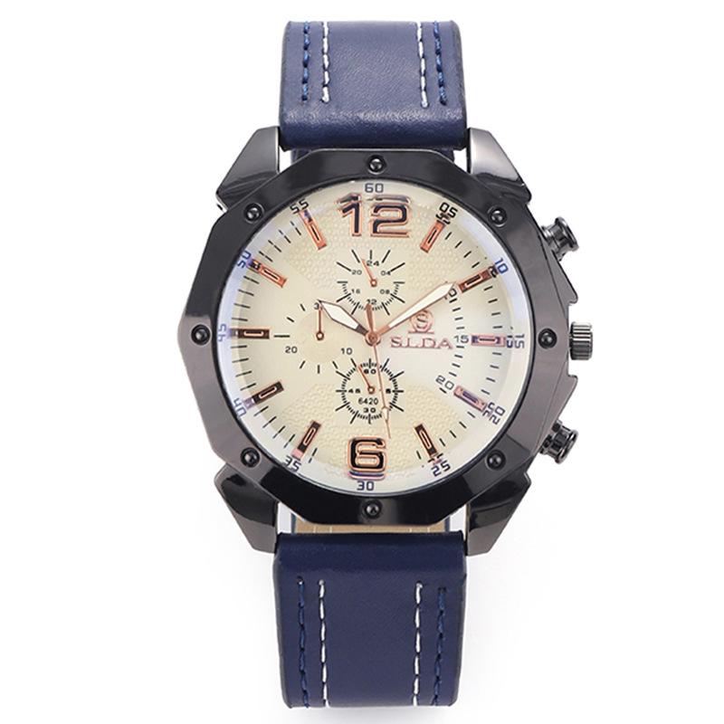 Men's Korean Style Casual Leather Strap Quartz Watch with Big Dial and Unique Design