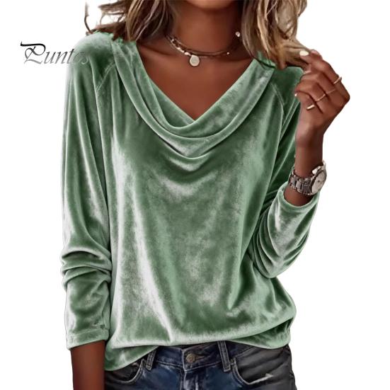Classy Commuting Top Women Tops Loose Fit Large Neckline Long Sleeve Velvet Relaxed Shirt Texture Pullover Solid Color Spring Autumn Blouse