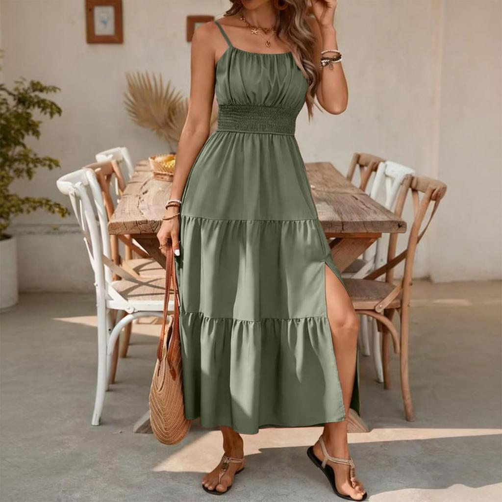 Women’s Sleeveless Smocked Waist Maxi Dress with Spaghetti Straps and Side Slit for Summer Beach and Vacation Wear