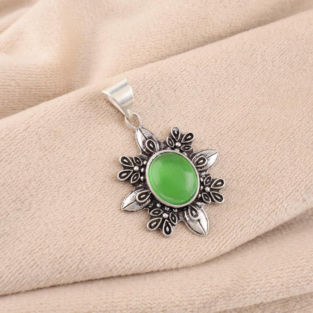 Green Cat's Eye Gemstone 925 Stamped Silver Jewelry Handmade Chain Pendant 1.62" CP-12-41