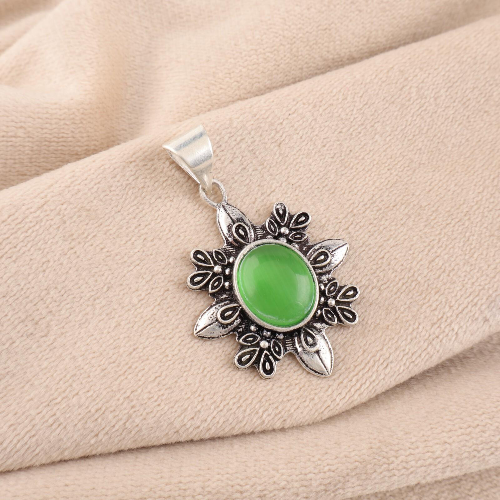 

Зеленый камень Кошачий глаз Ювелирные изделия из стерлингового серебра 925 пробы Ручная работа Цепочка Подвеска 1,62 CP-12-41