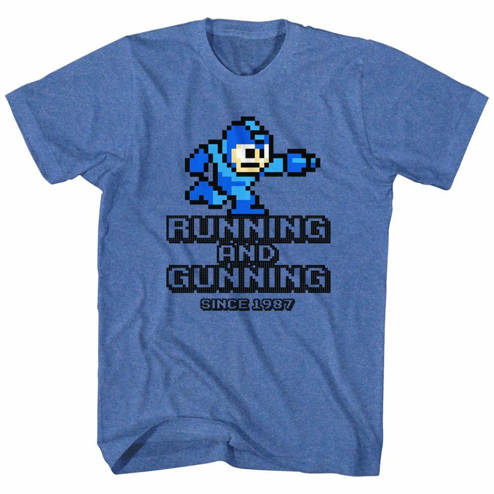 Mega Man Running And Gunning Royal Heather Adult T-Shirt XXXL