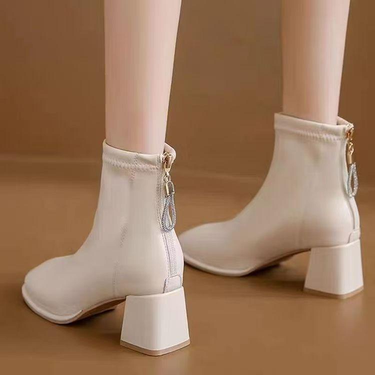 Women's French Soft Leather Ankle Boots, Velvet-Lined, Chunky Heel, Slim Fit, 2025 Autumn/Winter Collection