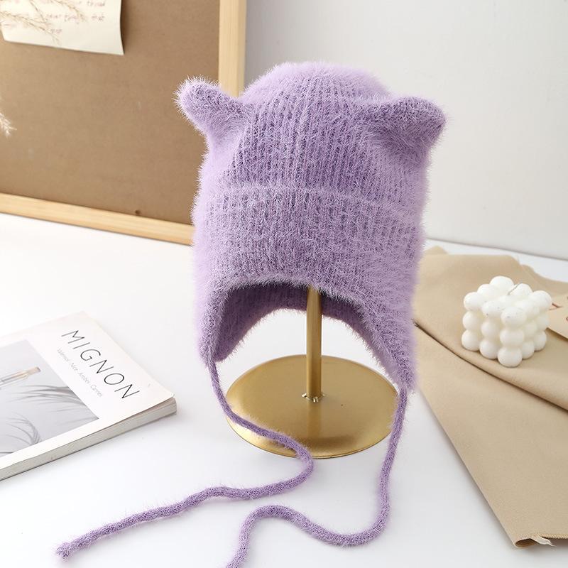 Cute Bear Ears Knitted Wool Hat Women's Big Head Circumference Versatile Face Little Lei Feng Hat Warm Ear Protection Hat Tide