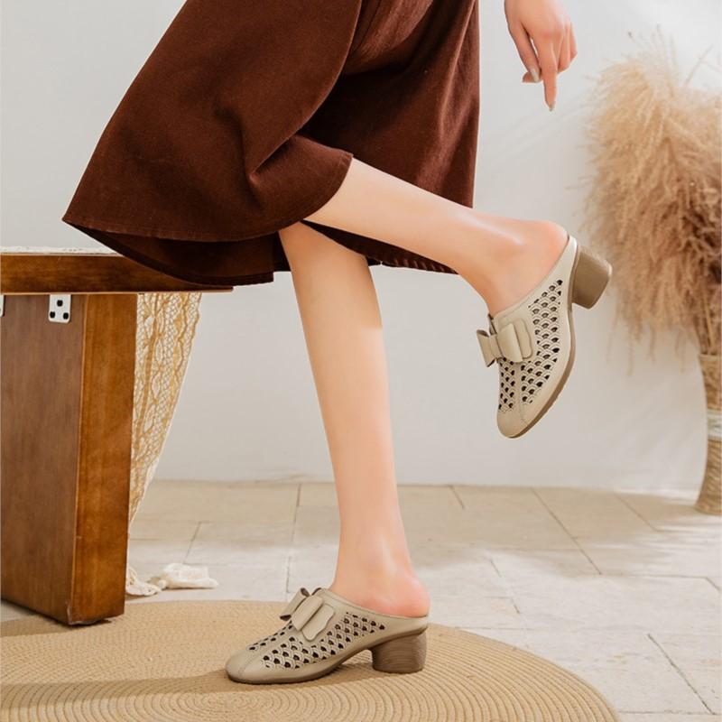 Johnature Women's Slippers Genuine Leather Hollow-out Thick Heel Flower Round Toe Versatile Women's Shoes
