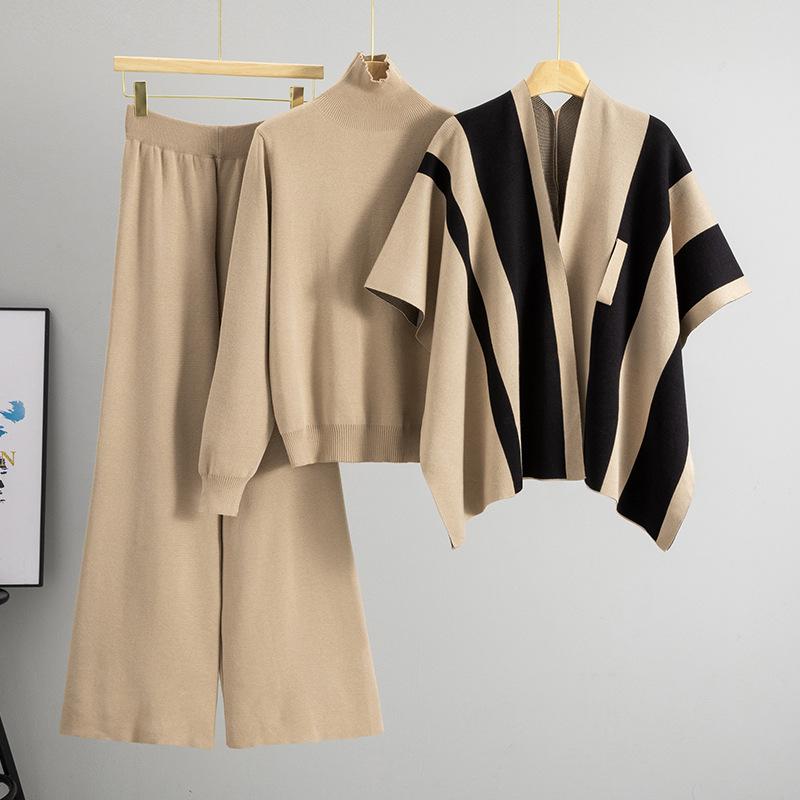 

2025 New Contrasting Color French Lazy Striped Shawl Sweater Three-piece Set Popular Strip Fashion Sweater Set Women One Size хакі