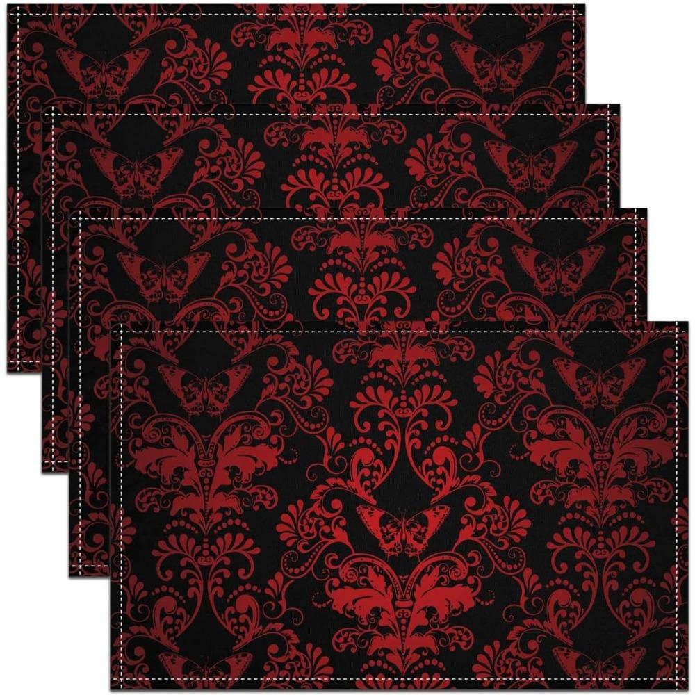 Dunkle Schwarze Zuckerschädel Tischsets Jacquard Damast Platzsets Vintage Blumendruck Platzsets Barockstil Platzsets für Esstisch 4pcs