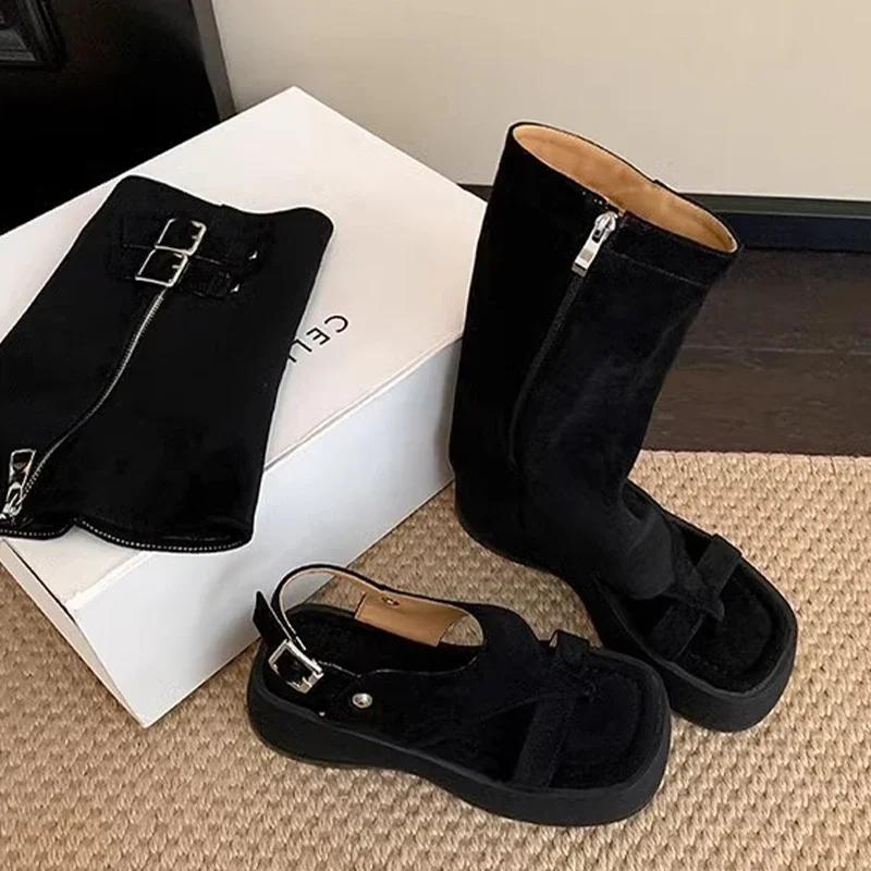 Fashion Platform Women's Sandals Designer Mid Calf Cool Boots Sandals Woman Shoes Summer 2025 New Brand Punk Zipper Sandalias De Mujer