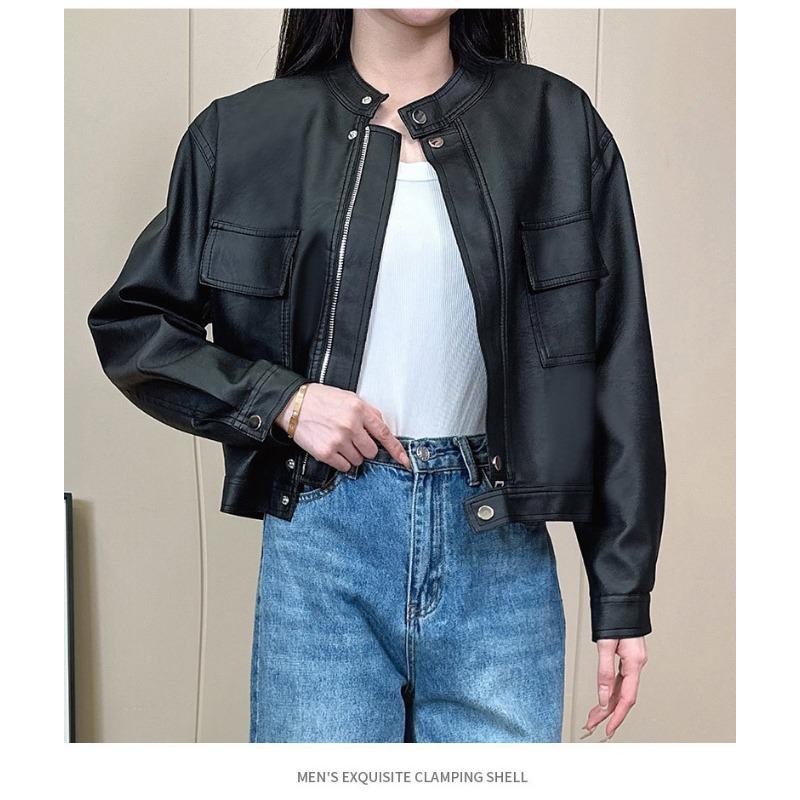 

Осень Зима Воротник-стойка Повседневная Мода Карманы Молния Пальто Женское ПУ Кожа Пальто Наружная одежда Топ L чёрный