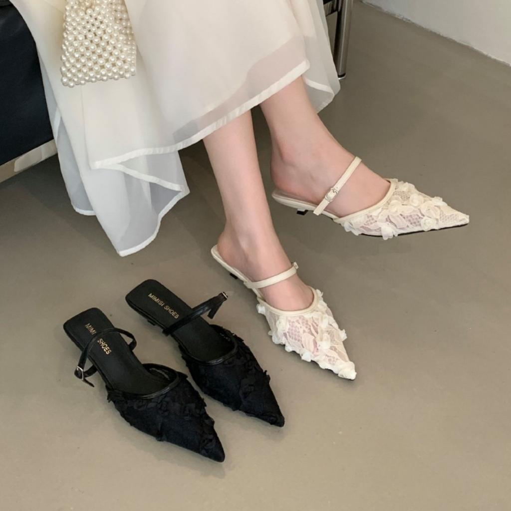 French Fairy Breathable Mesh Lace Bag Head Sandals Female Summer Kitten Heel Empty Single Shoes