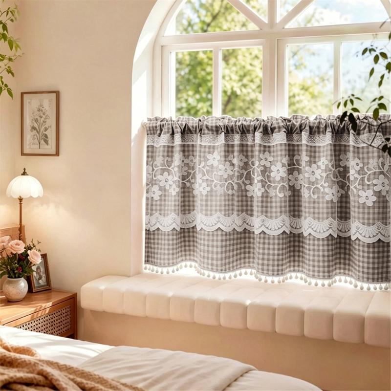 Kitchen Short Curtain Panel with Rod Pocket, Light Filtering Polyester and Gingham Trim for Bath and Cabinet Use