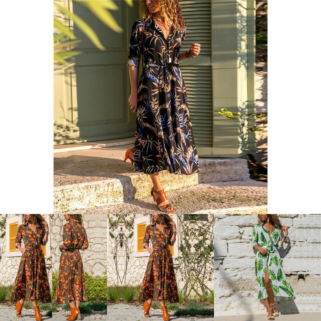 Elegant Women Long Sleeve Loose Split Maxi V-neck Button Shirt Dress Sundress