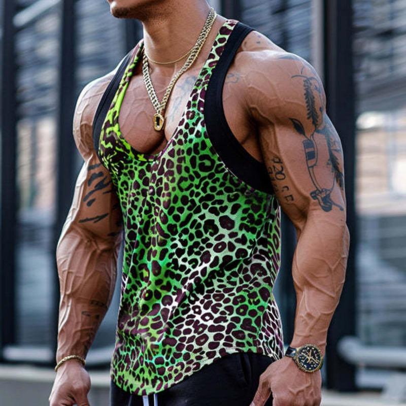 Mens Gradient Leopard Print Deep V Neck Sleeveless Gym Tank Top
