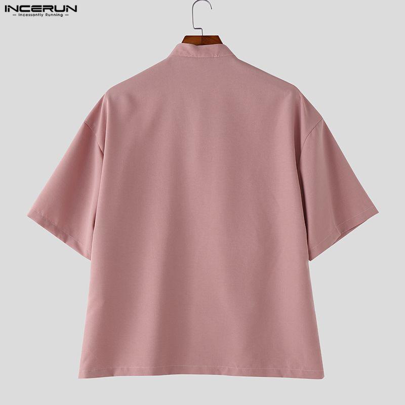 INCERUN Oversized Men Summer Short Sleeve Side Buttons Casual Vintage Tops Shirts