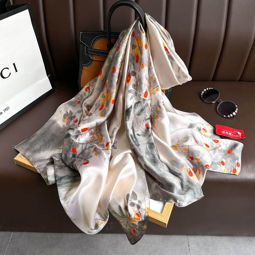 Simple Literary Ink Painting Li Jin Satin Long Silk Scarf Korean Version of the Elegant Temperament of Women's Decorative Shawls