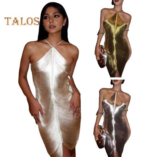 Women Party Dress Glossy Tassel Halter Neck Backless Sleeveless Split Hem Solid Color Slim Fit Off Shoulder Club Party Banquet Mini Dress
