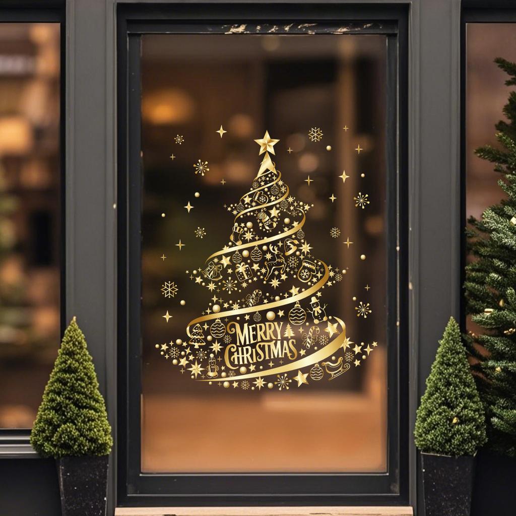 1pc Golden Christmas Tree Printed Electrostatic Sticker Christmas Decoration Sticker for Bedroom Living Room Window Decoration