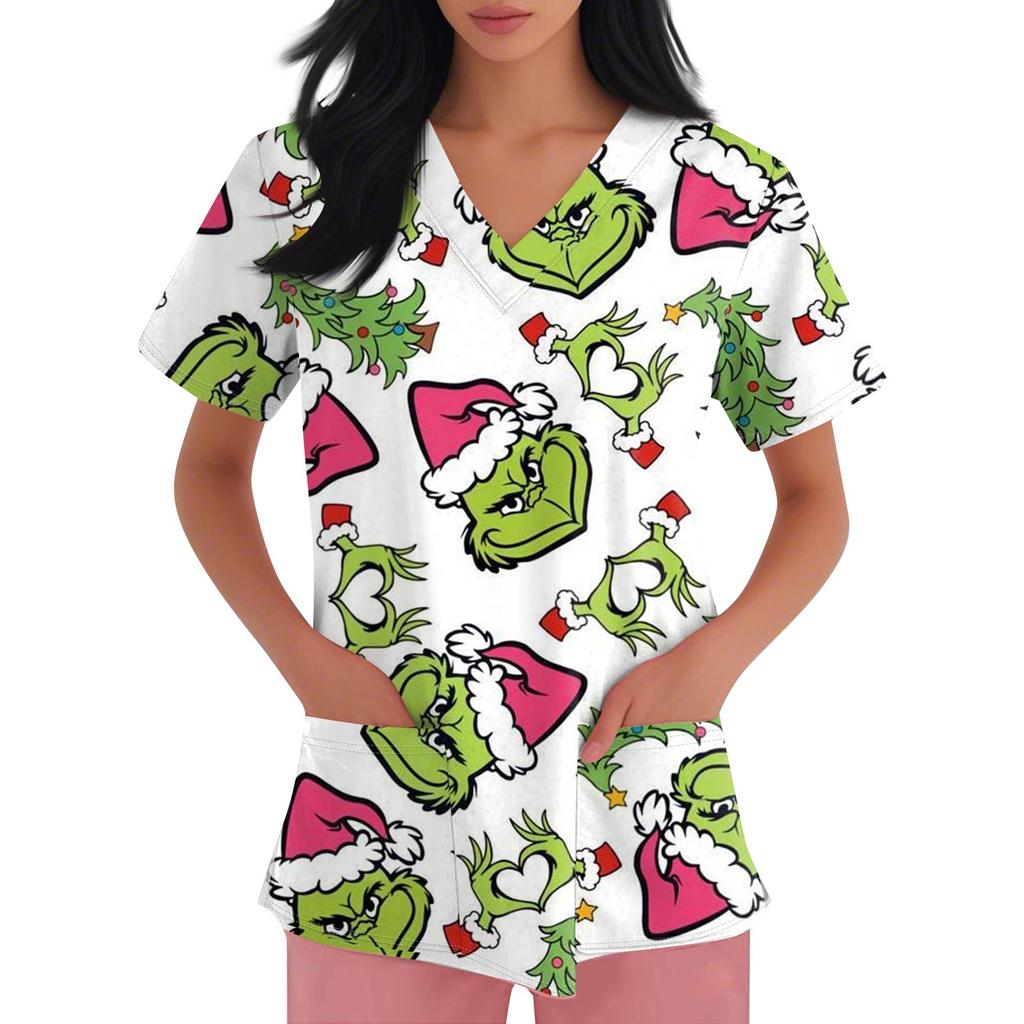 Women's Fashion Printed Short Sleeve V Neck Pattern Tops Pocket Working T-shirts