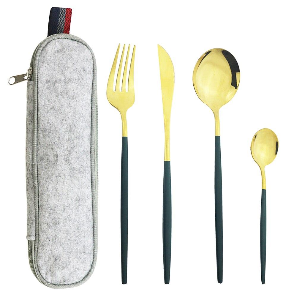 Mátově zelená zlatá sada nádobí Sada příborů na cesty, kemping, nůž, vidlička, lžíce, přenosná šedá taška, sada nádobí z nerezové oceli