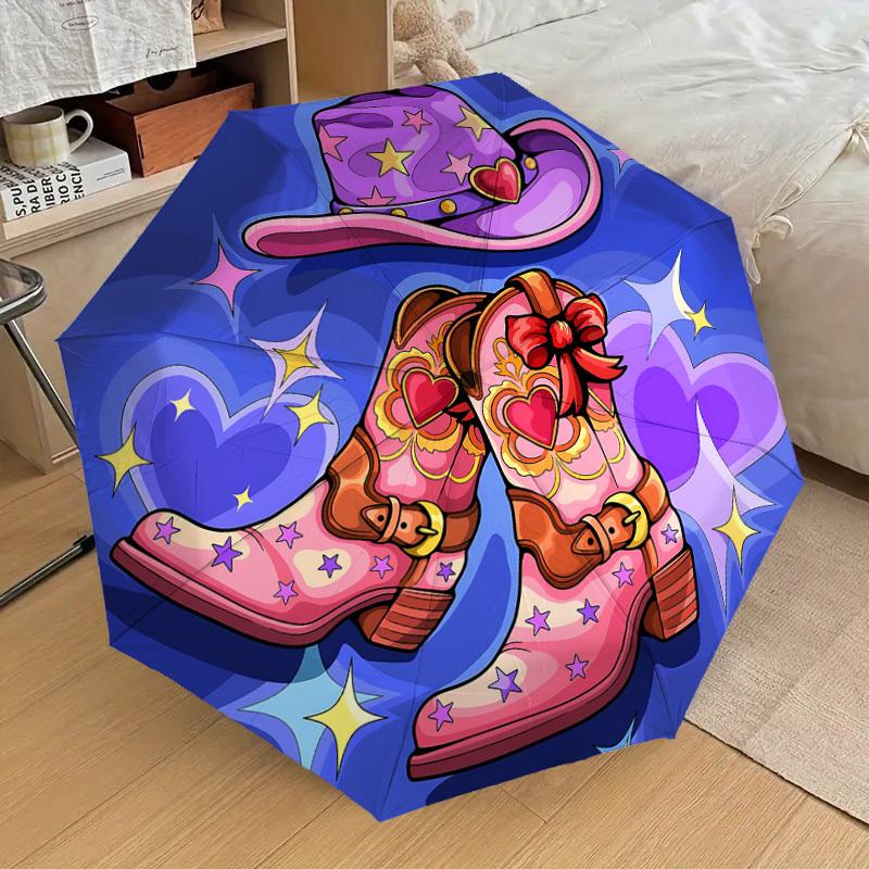 1pc Cowboy Boots Starry Hat Automatic Open/Close Umbrella with Windproof, 8-Rib Sturdy Canopy, Durable Ribs, Fashionable Design1149A