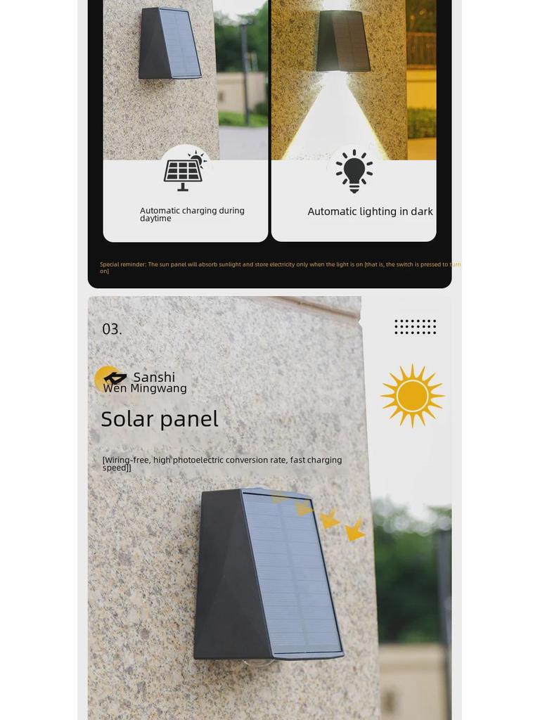 Outdoor Waterproof Solar Wall Light with Up and Down Spotlight Convex Mirror Double Head Design