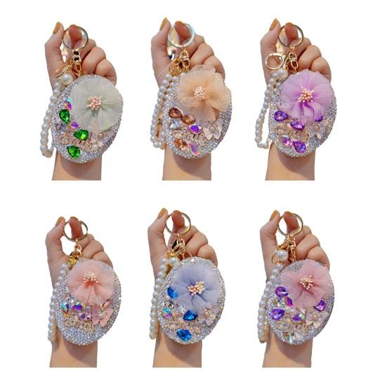 Bling Rhinestone Round Pocket Mirror with Metal Keychain Folding Double-Sided Makeup Mirror Bead String Charm for Purse Handbag Wallet Travel