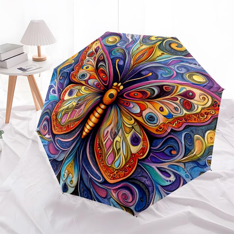 Colorful Butterfly pattern, automatic folding umbrella, portable and foldable design, 8 ribs, a Christmas or birthday gift.